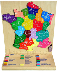 Puzzle en bois carte géographique de France découpée en 22 régions avec marquage des dpartements