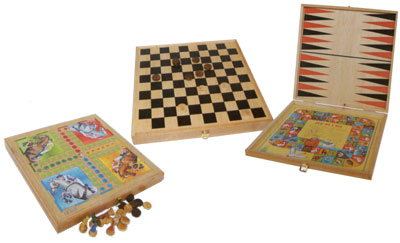 Coffret bois avec 4 jeux: dames, backgammon, oie, chevaux (pliant double face)