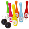 Set of 6 numbered wooden bowling multicolors lacquered skittles and 2 black bowls
